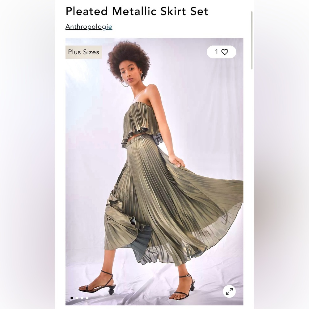NWT ANTHROPOLOGIE PLEATED METALLIC MIDI SKIRT & CROPPED SET CELADON GREEN  SZ 4